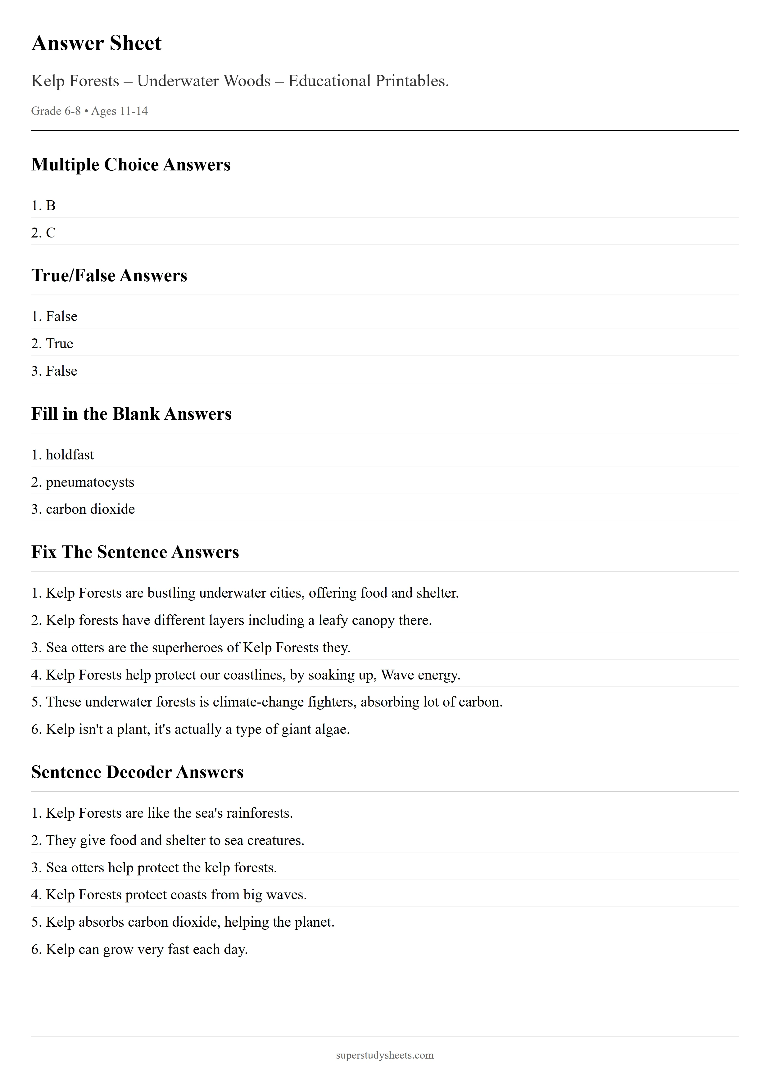 Answer sheet for Kelp Forests worksheets – Challenge level