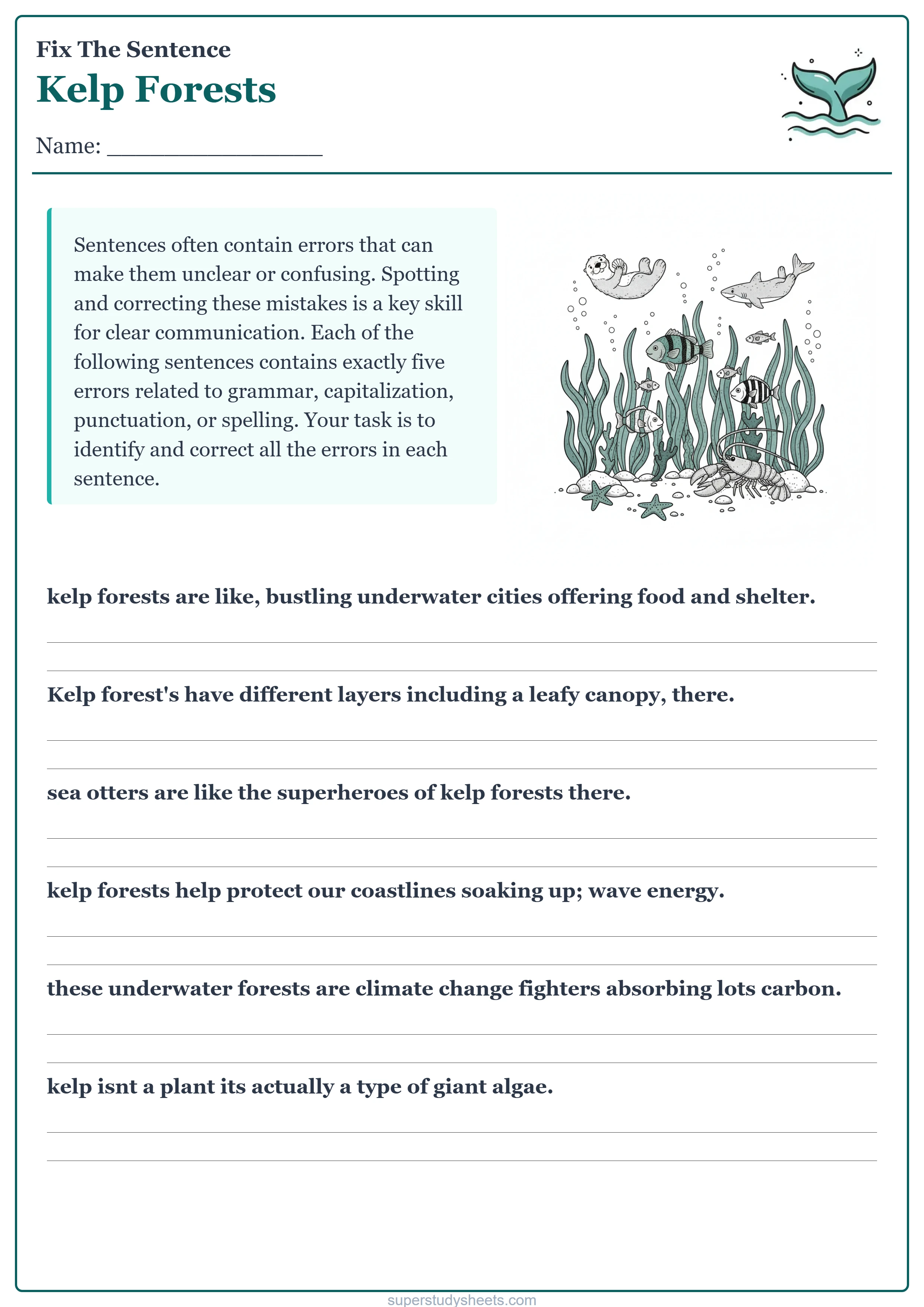 Printable Kelp Forests fix the sentence worksheet – Challenge level