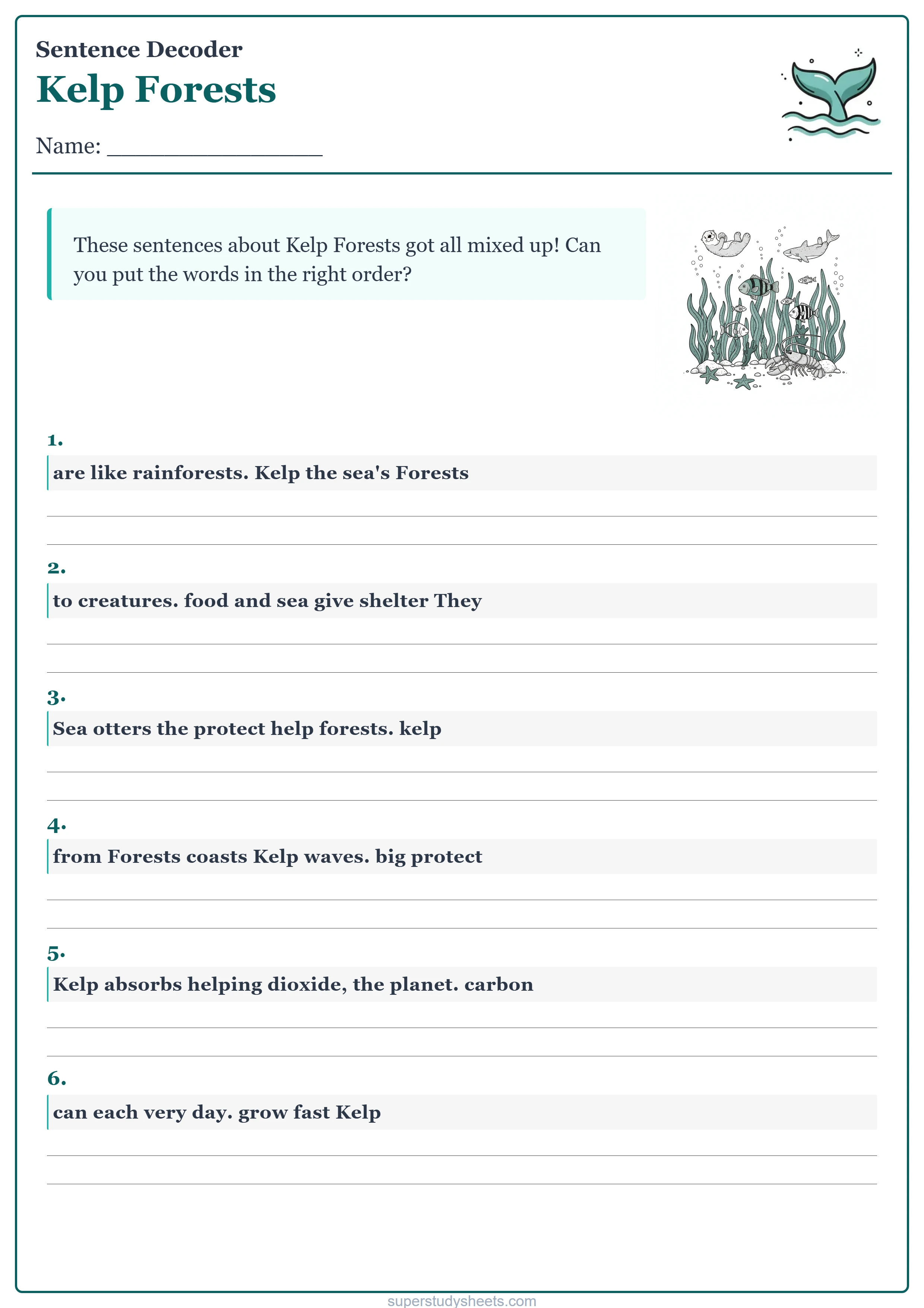 Printable Kelp Forests sentence decoder worksheet – Challenge level