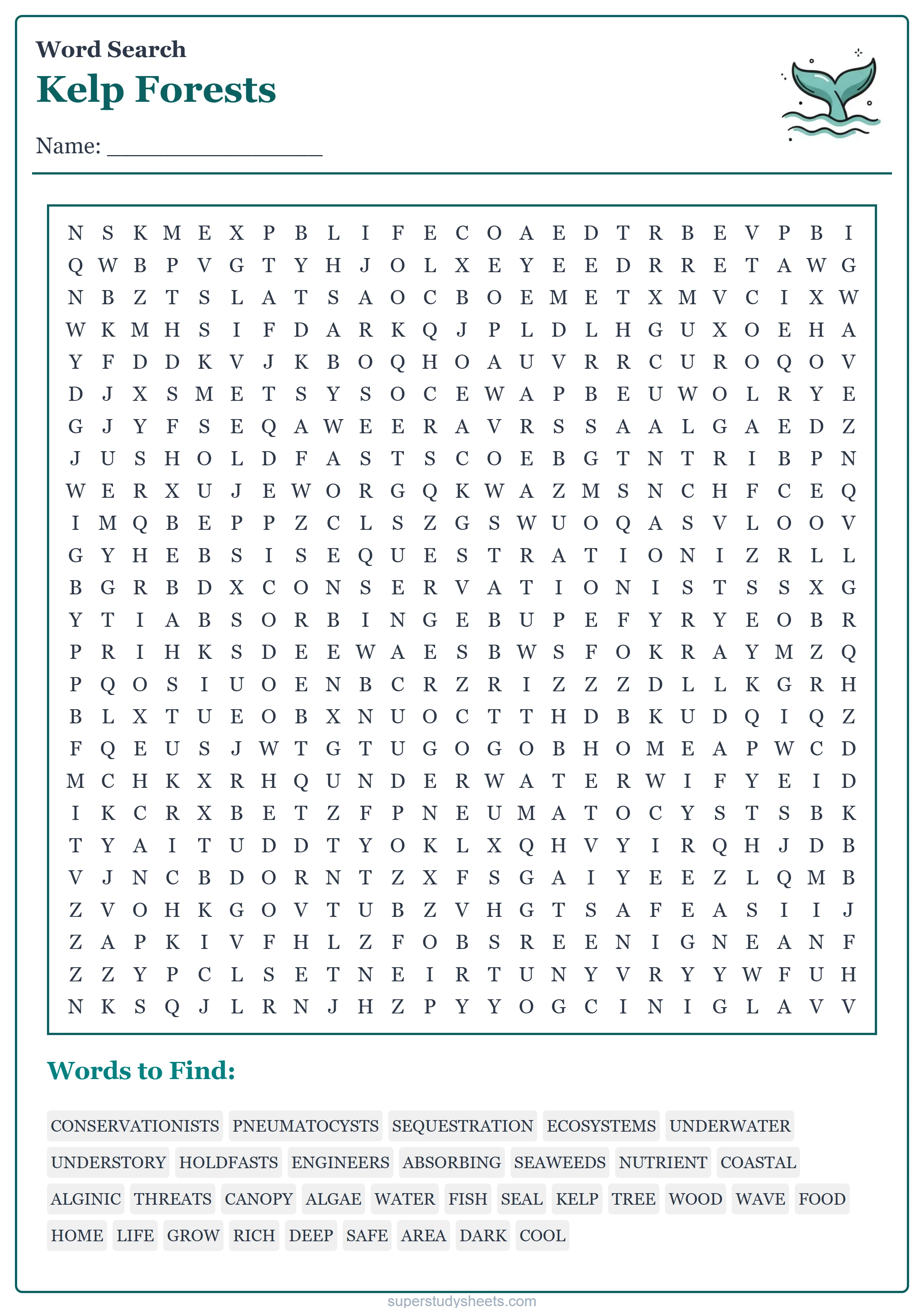 Printable Kelp Forests wordsearch worksheet – Challenge level