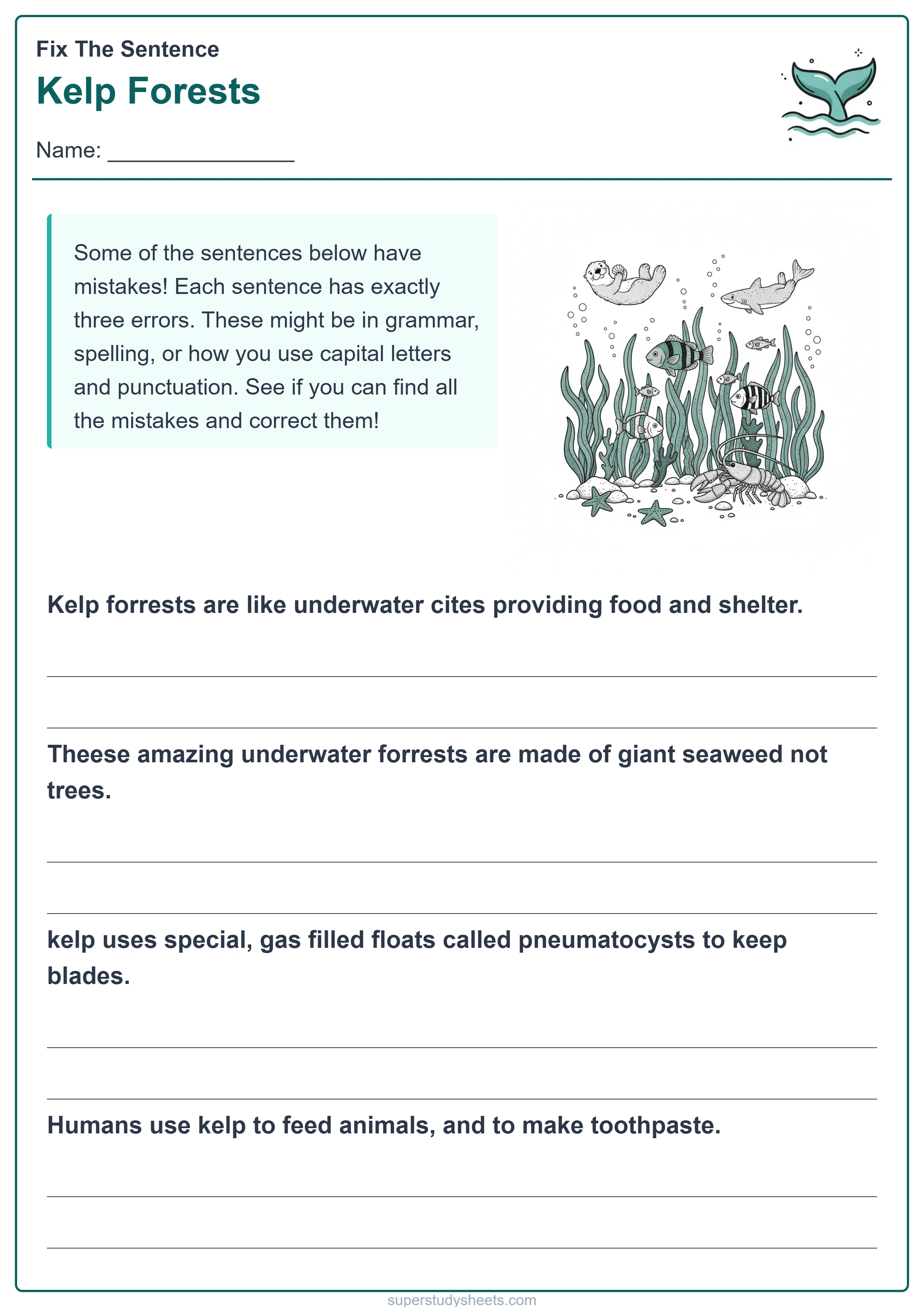 Printable Kelp Forests fix the sentence worksheet – Explore level