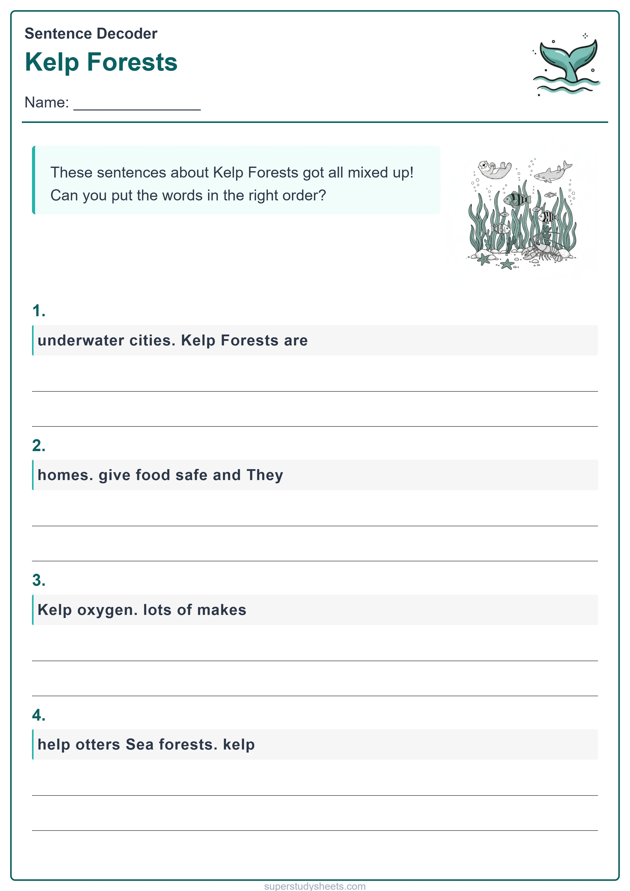 Printable Kelp Forests sentence decoder worksheet – Explore level