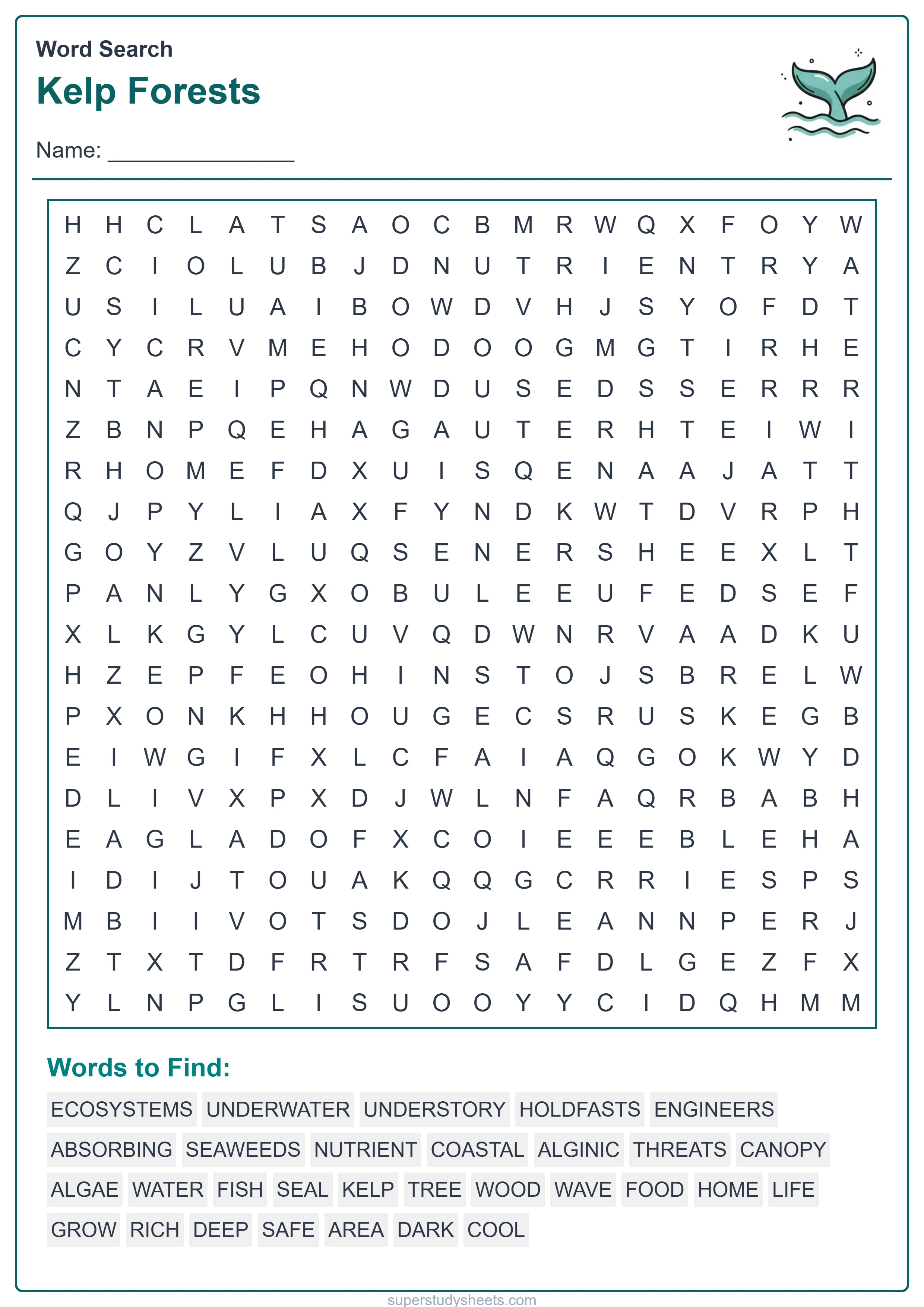 Printable Kelp Forests wordsearch worksheet – Explore level