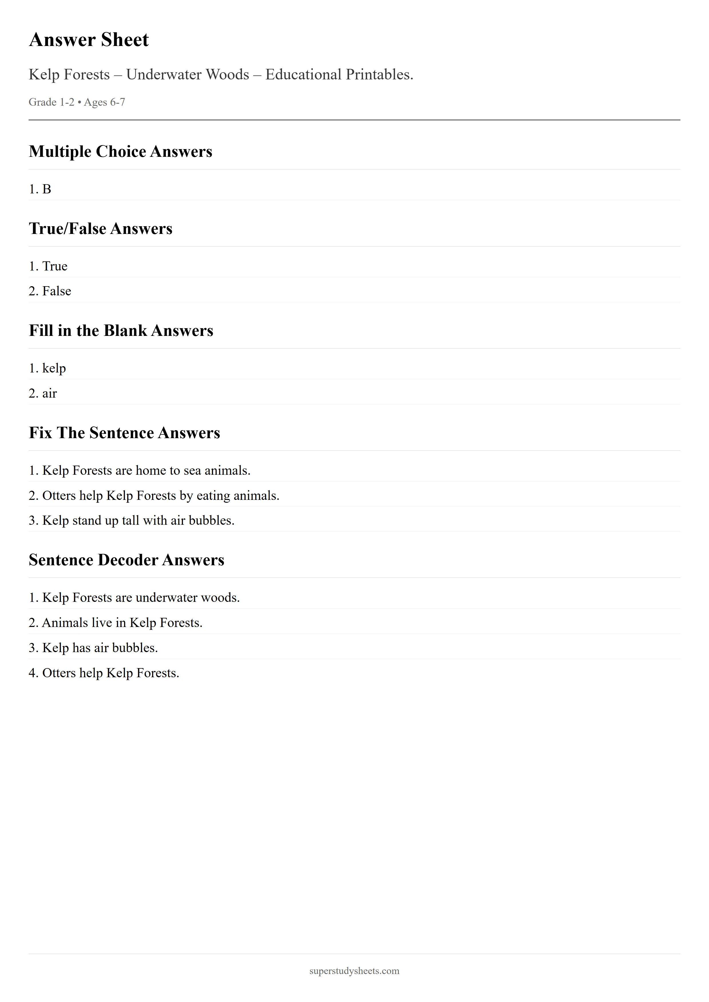 Answer sheet for Kelp Forests worksheets – Start level