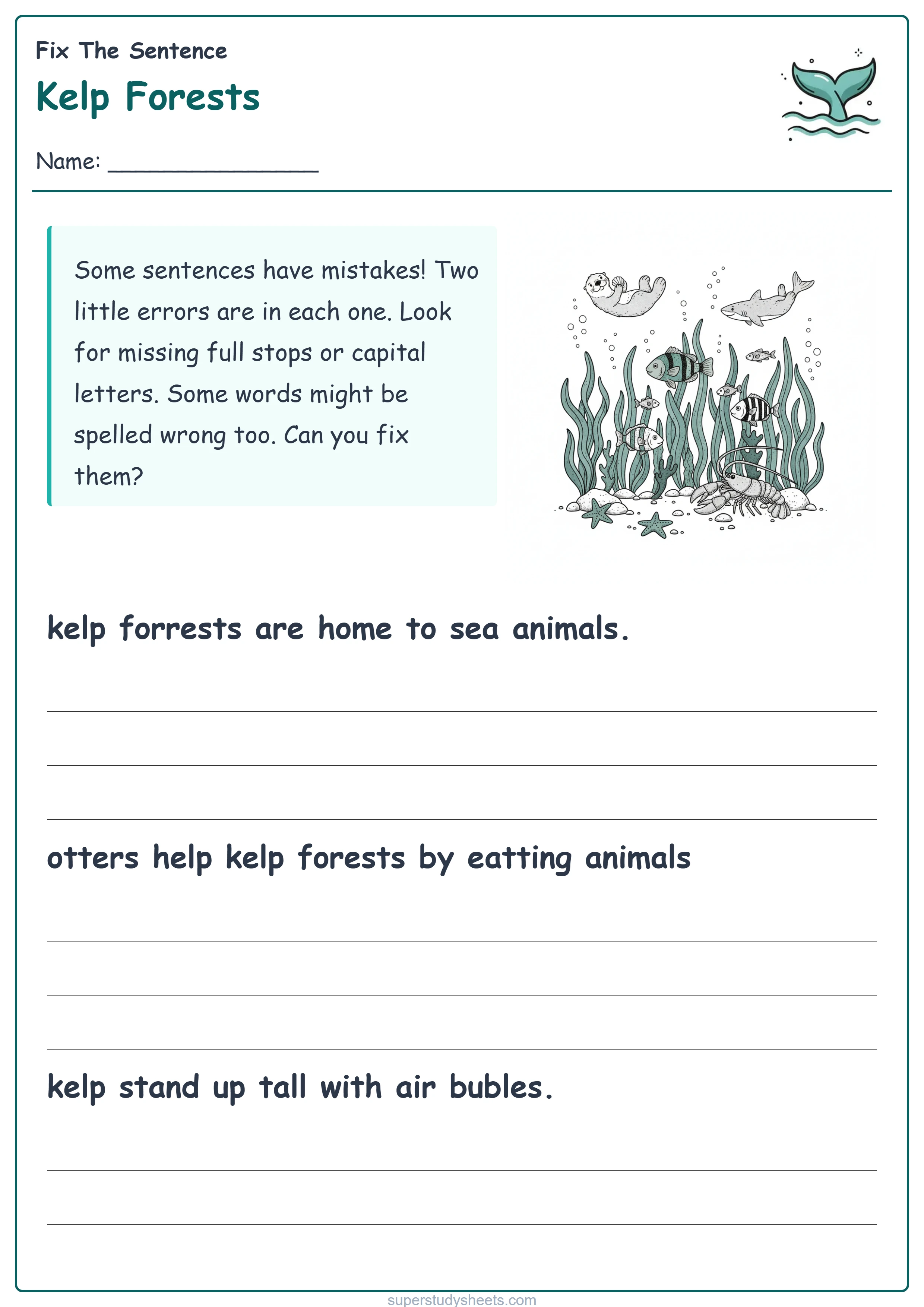 Printable Kelp Forests fix the sentence worksheet – Start level