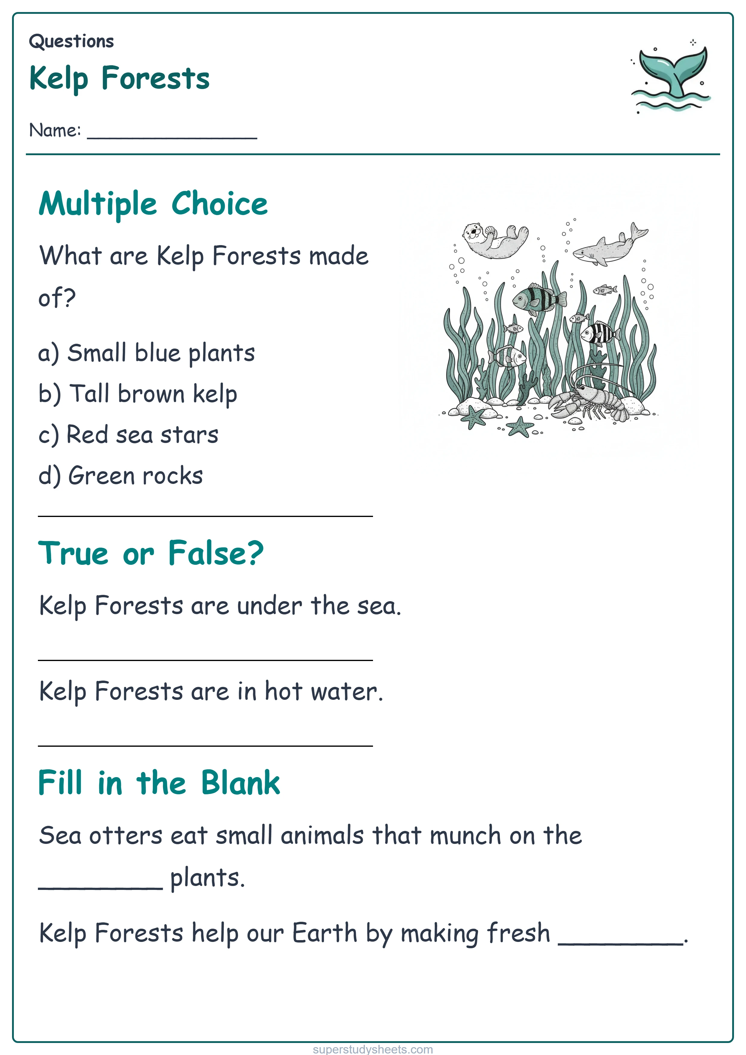 Printable Kelp Forests questions worksheet – Start level