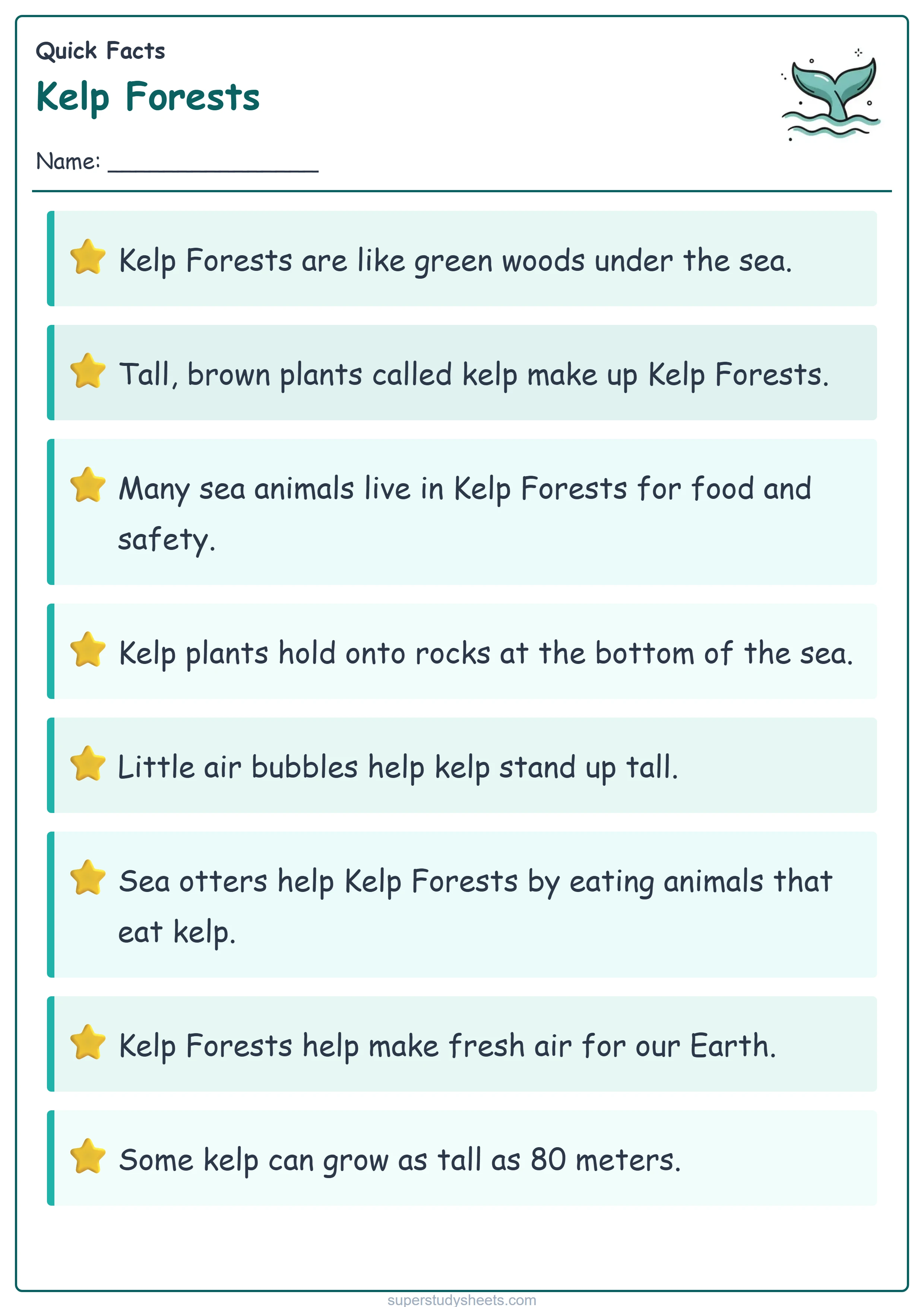 Printable Kelp Forests quick facts worksheet – Start level