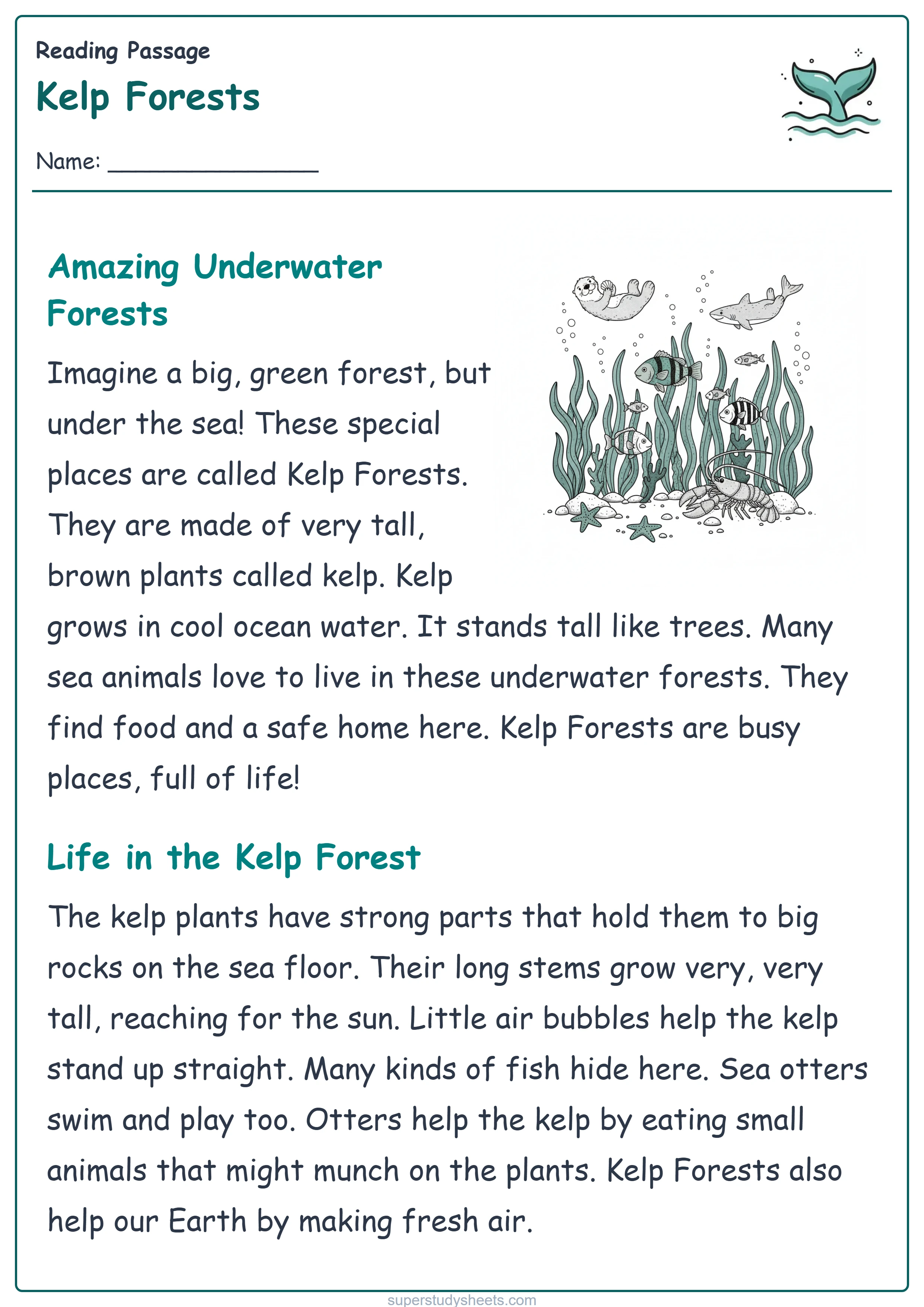 Printable Kelp Forests reading worksheet – Start level