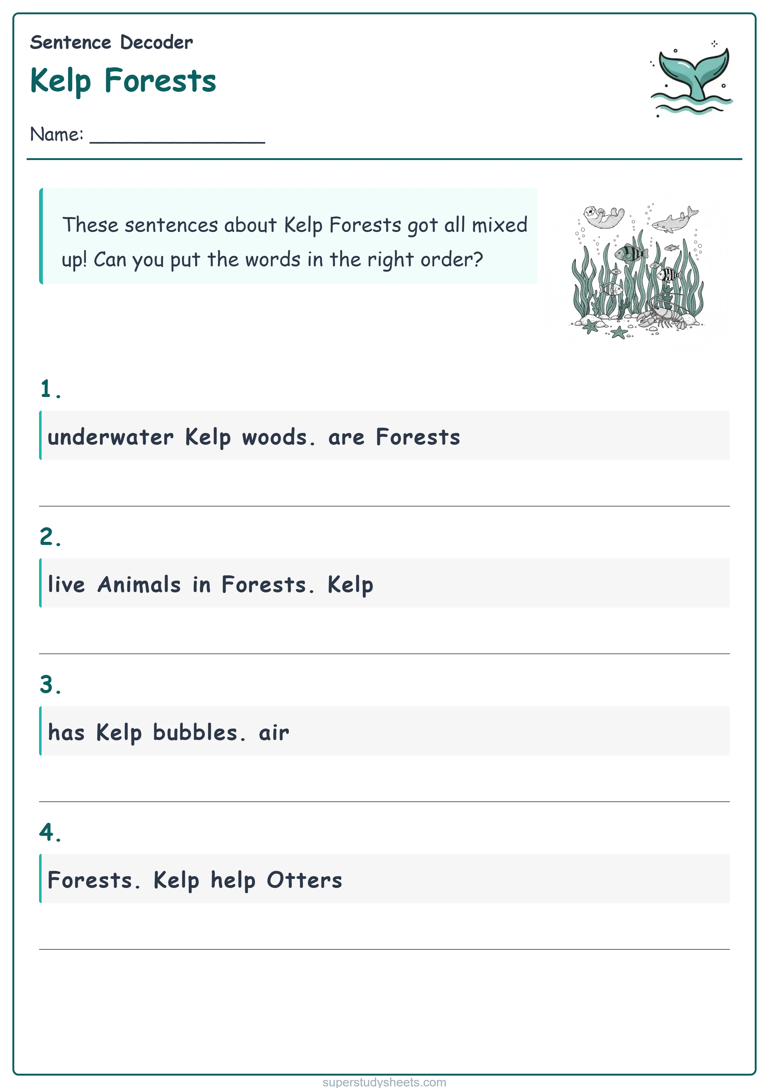 Printable Kelp Forests sentence decoder worksheet – Start level