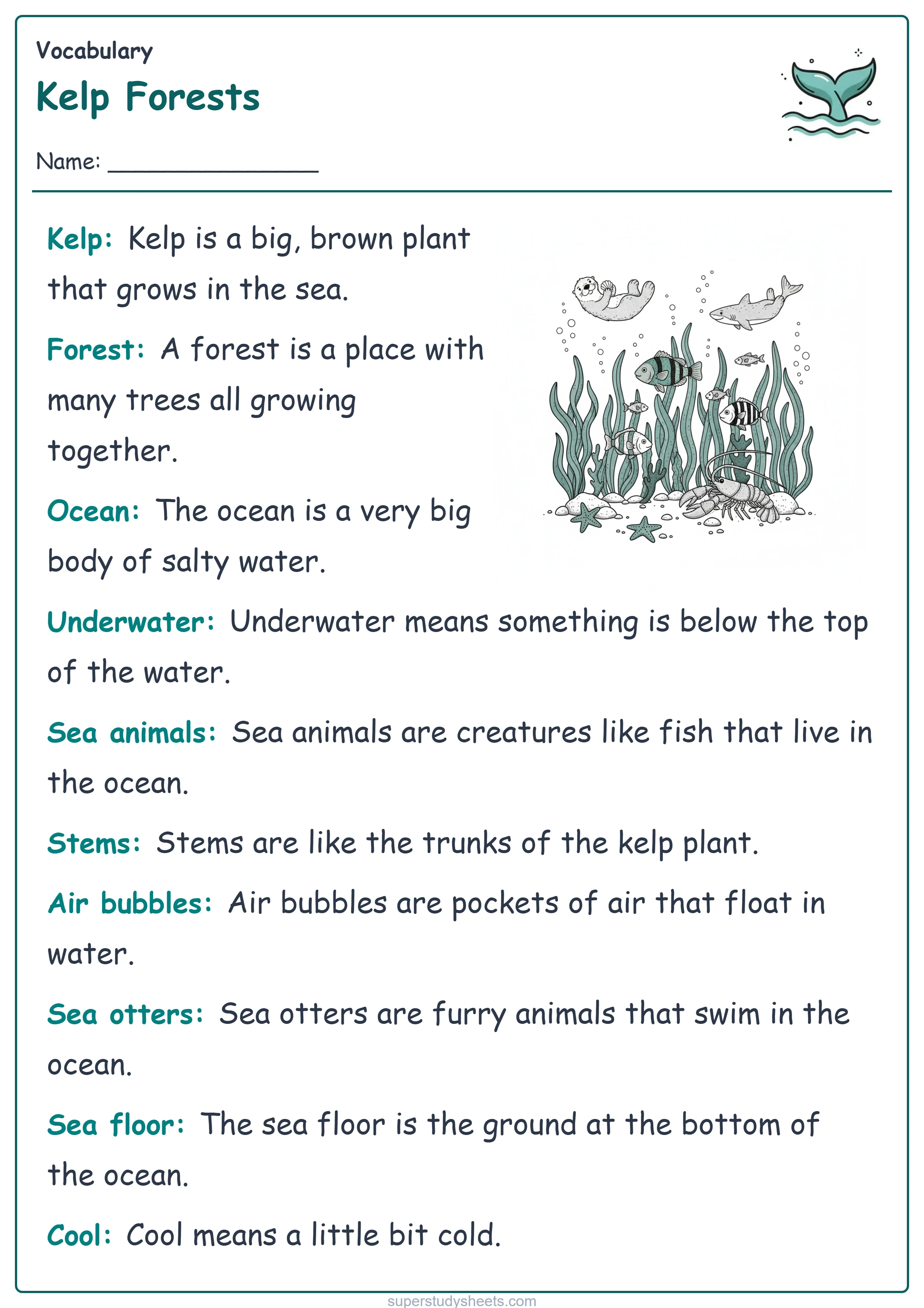 Printable Kelp Forests vocabulary worksheet – Start level