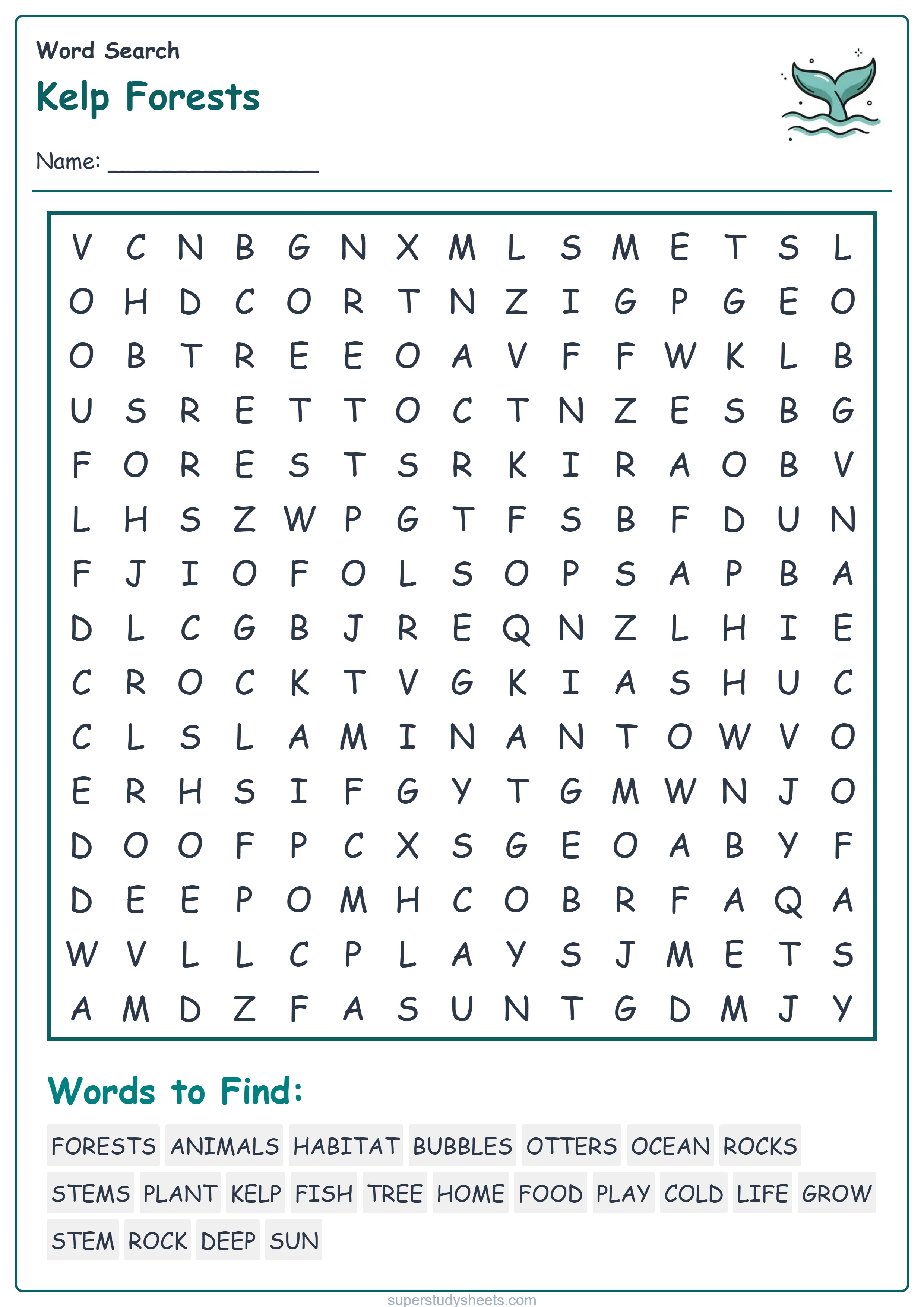 Printable Kelp Forests wordsearch worksheet – Start level