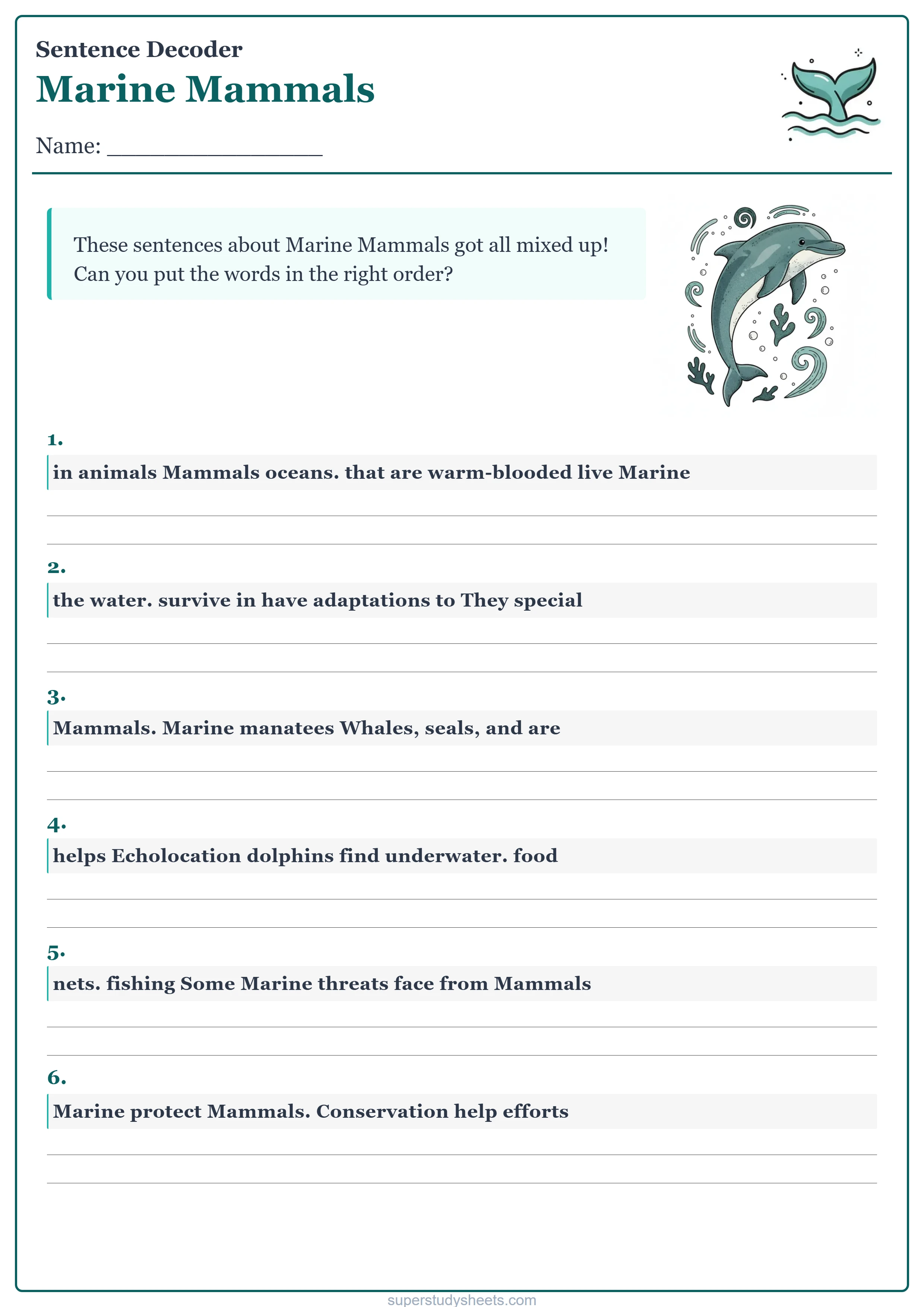 Printable Marine Mammals sentence decoder worksheet – Challenge level