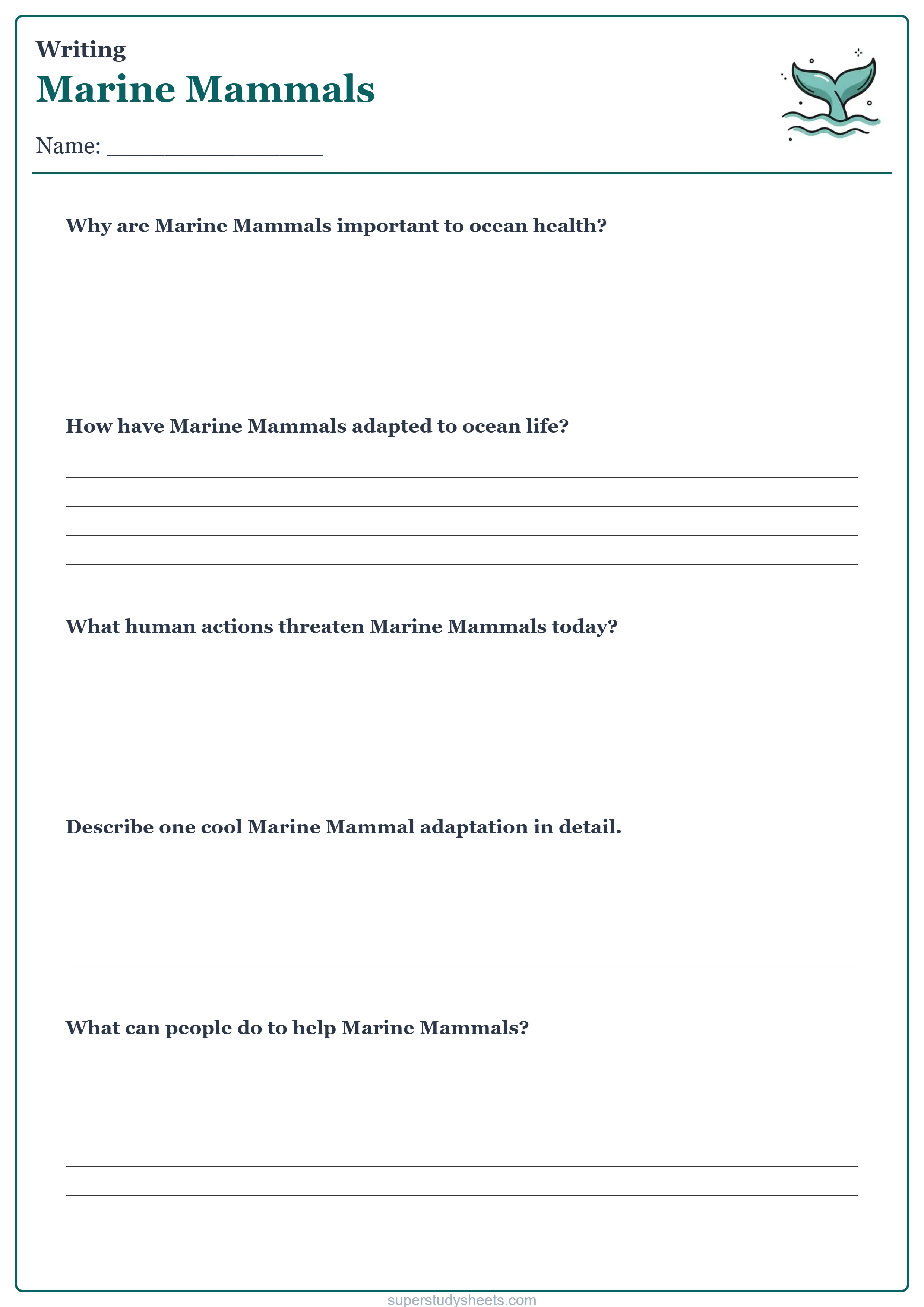 Printable Marine Mammals writing worksheet – Challenge level