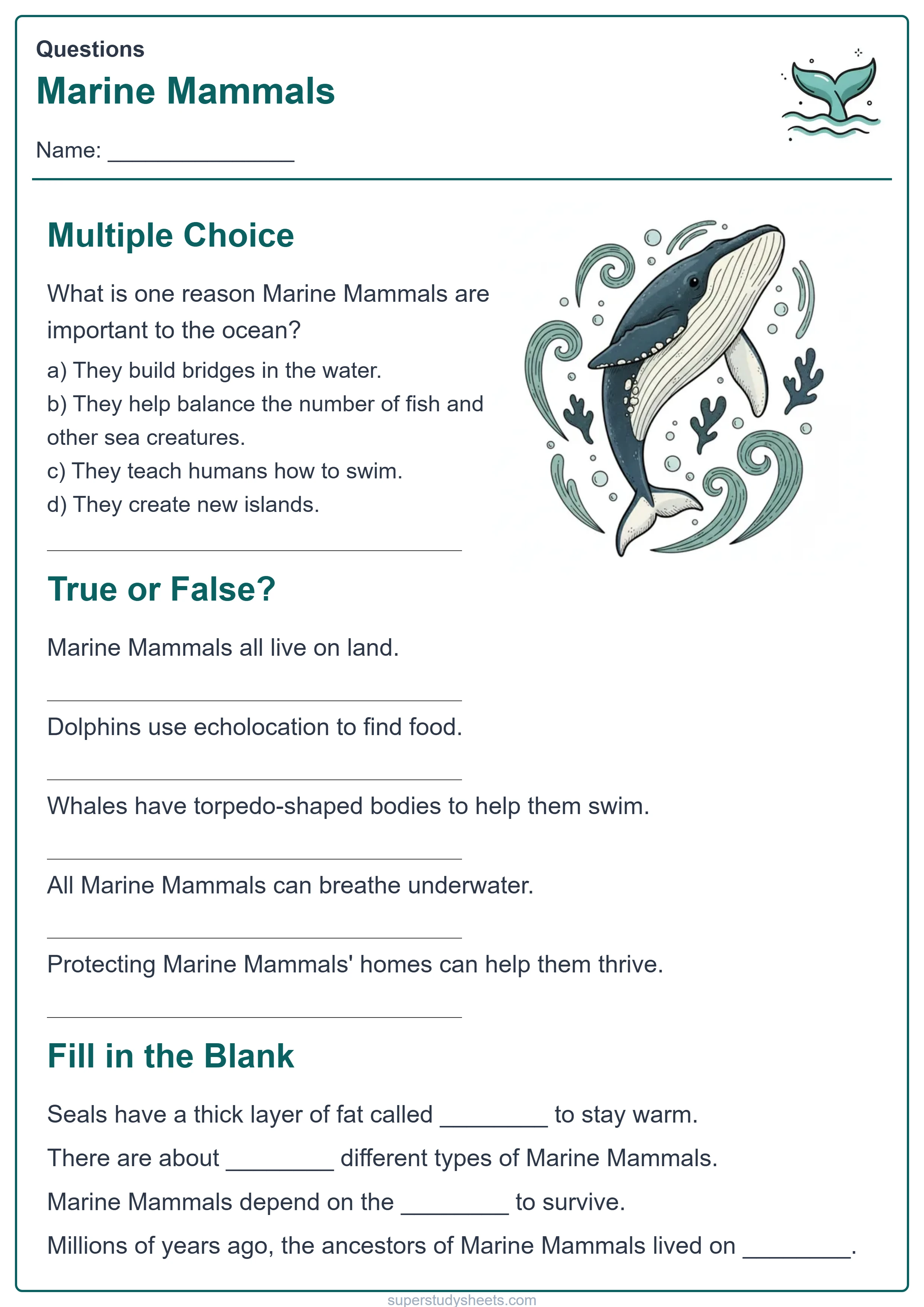 Printable Marine Mammals questions worksheet – Explore level