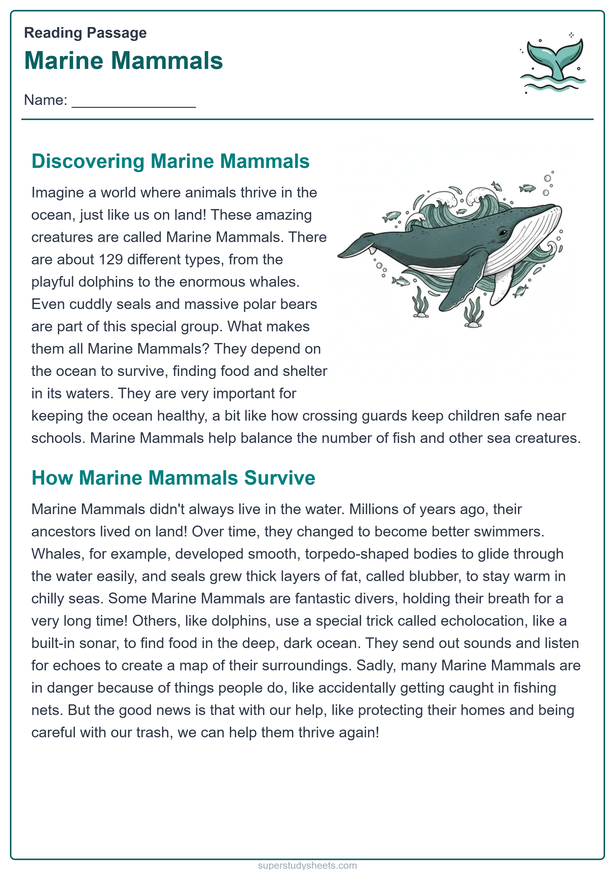 Printable Marine Mammals reading worksheet – Explore level