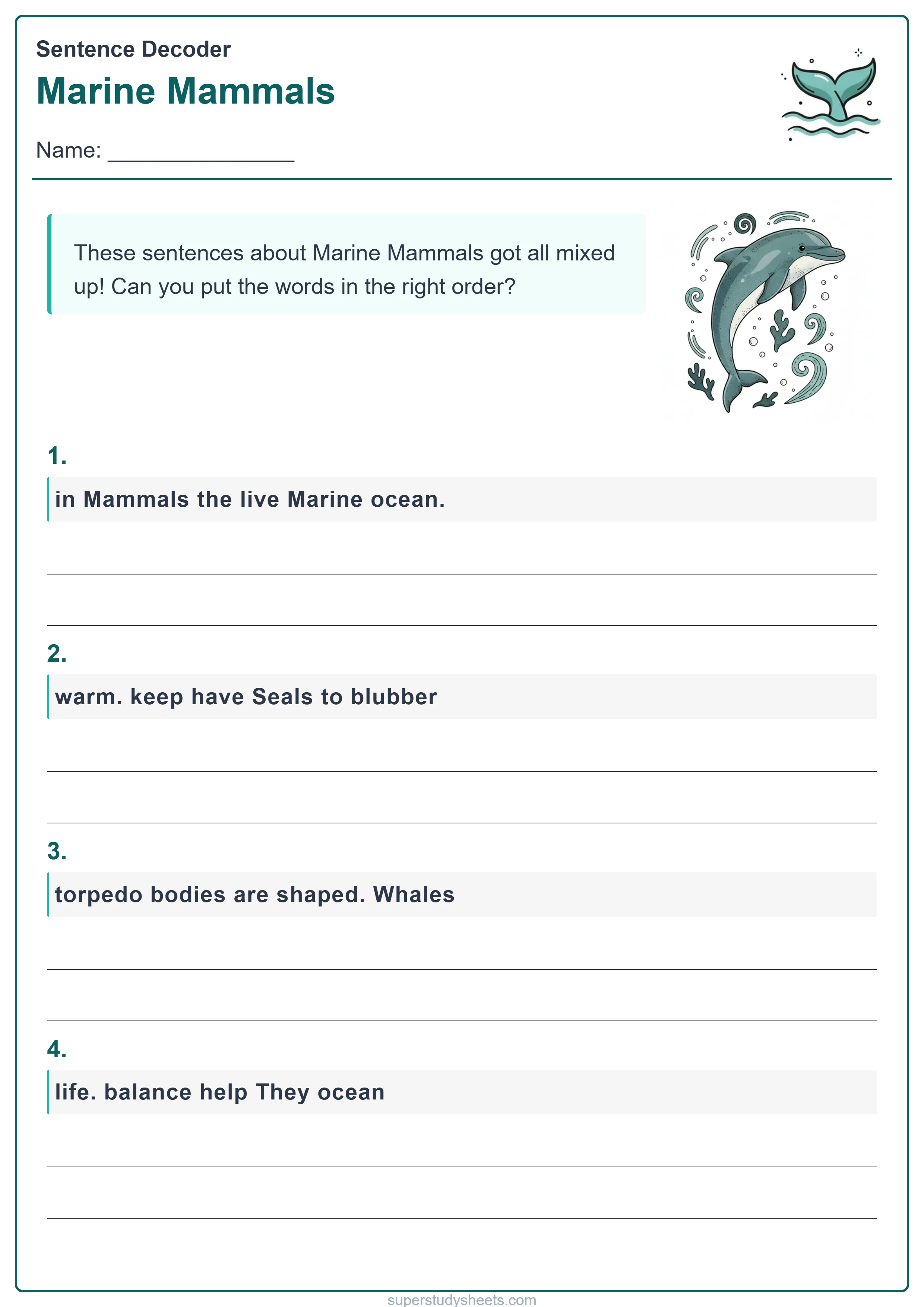 Printable Marine Mammals sentence decoder worksheet – Explore level