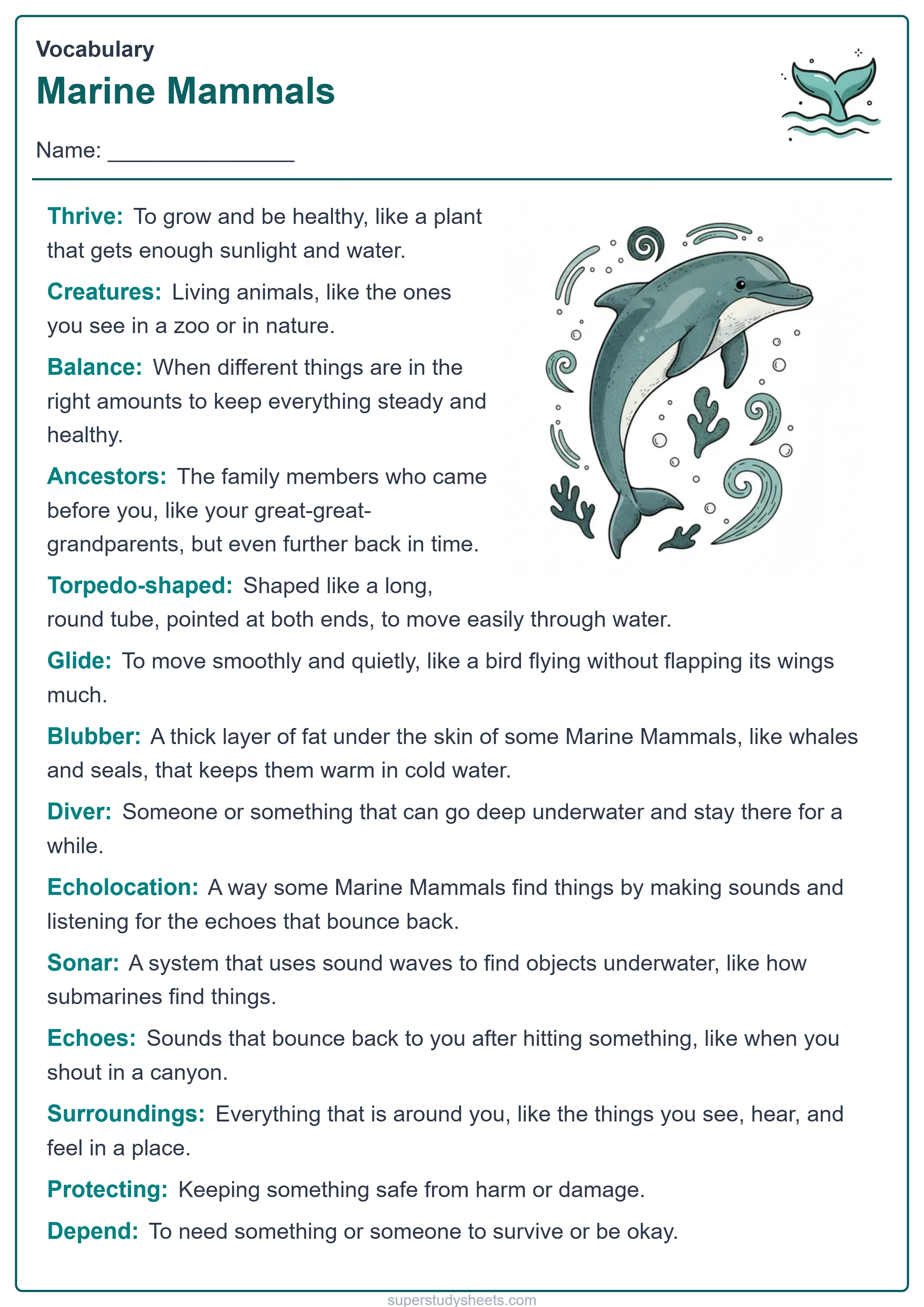 Printable Marine Mammals vocabulary worksheet – Explore level