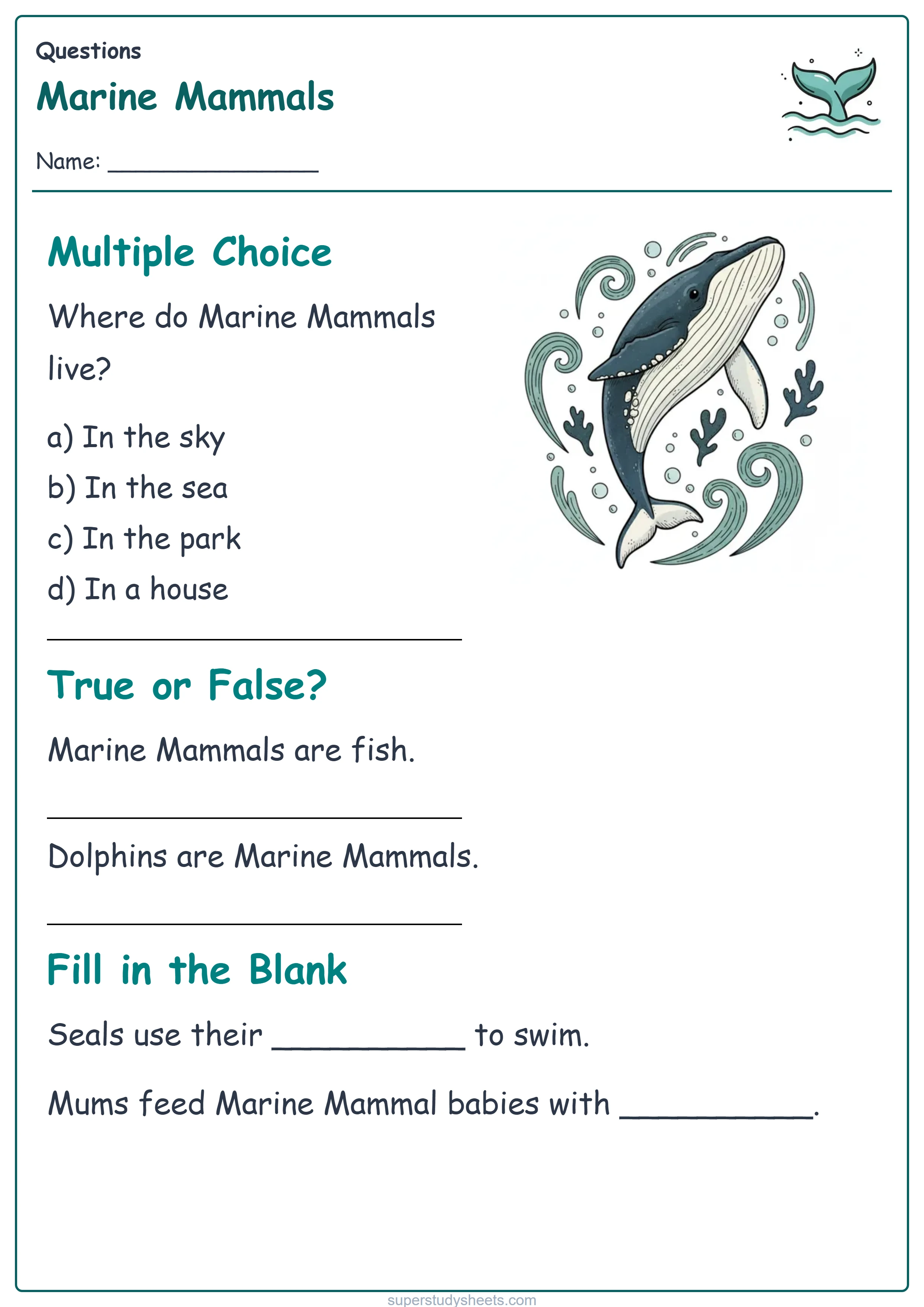Printable Marine Mammals questions worksheet – Start level