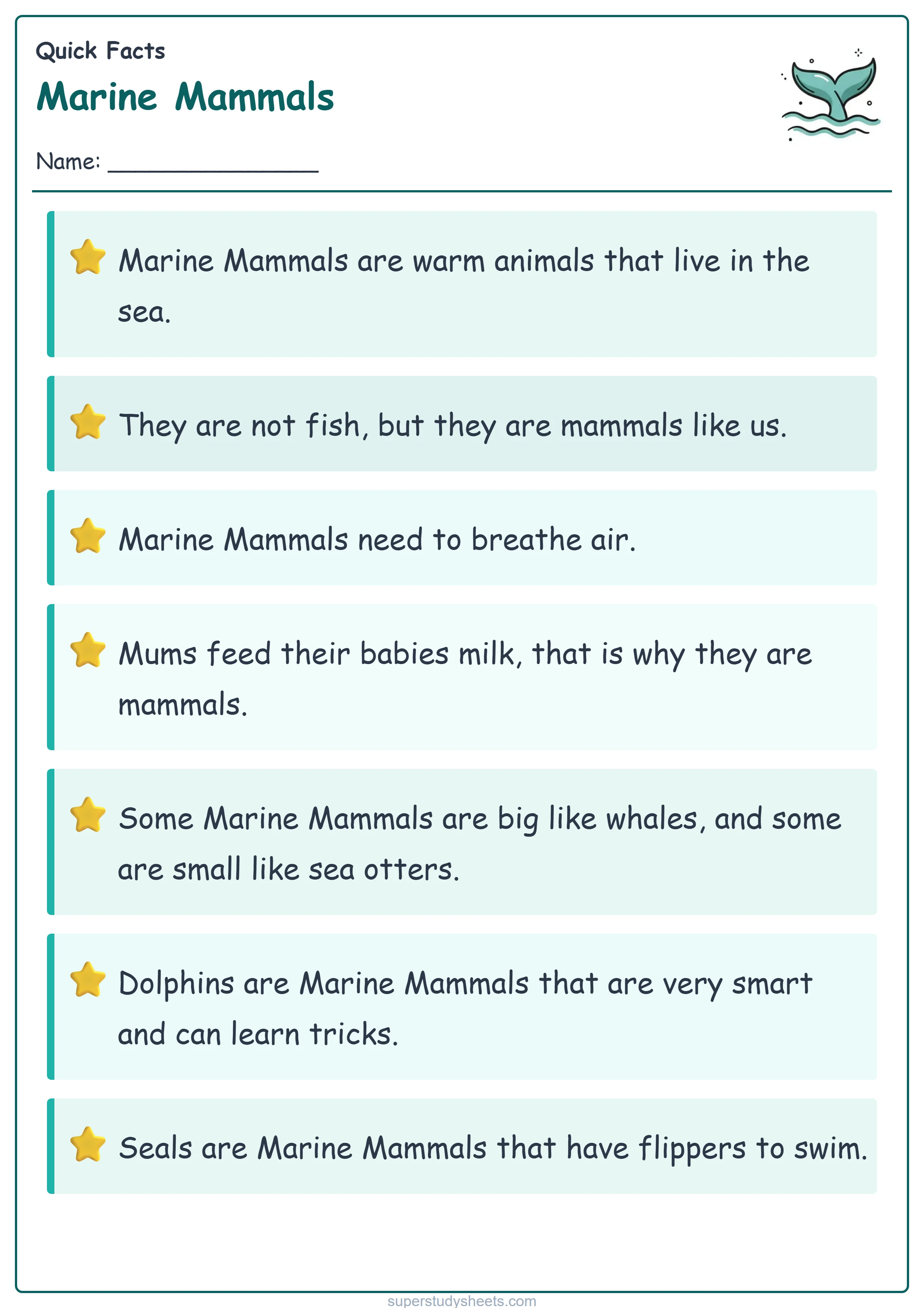 Printable Marine Mammals quick facts worksheet – Start level