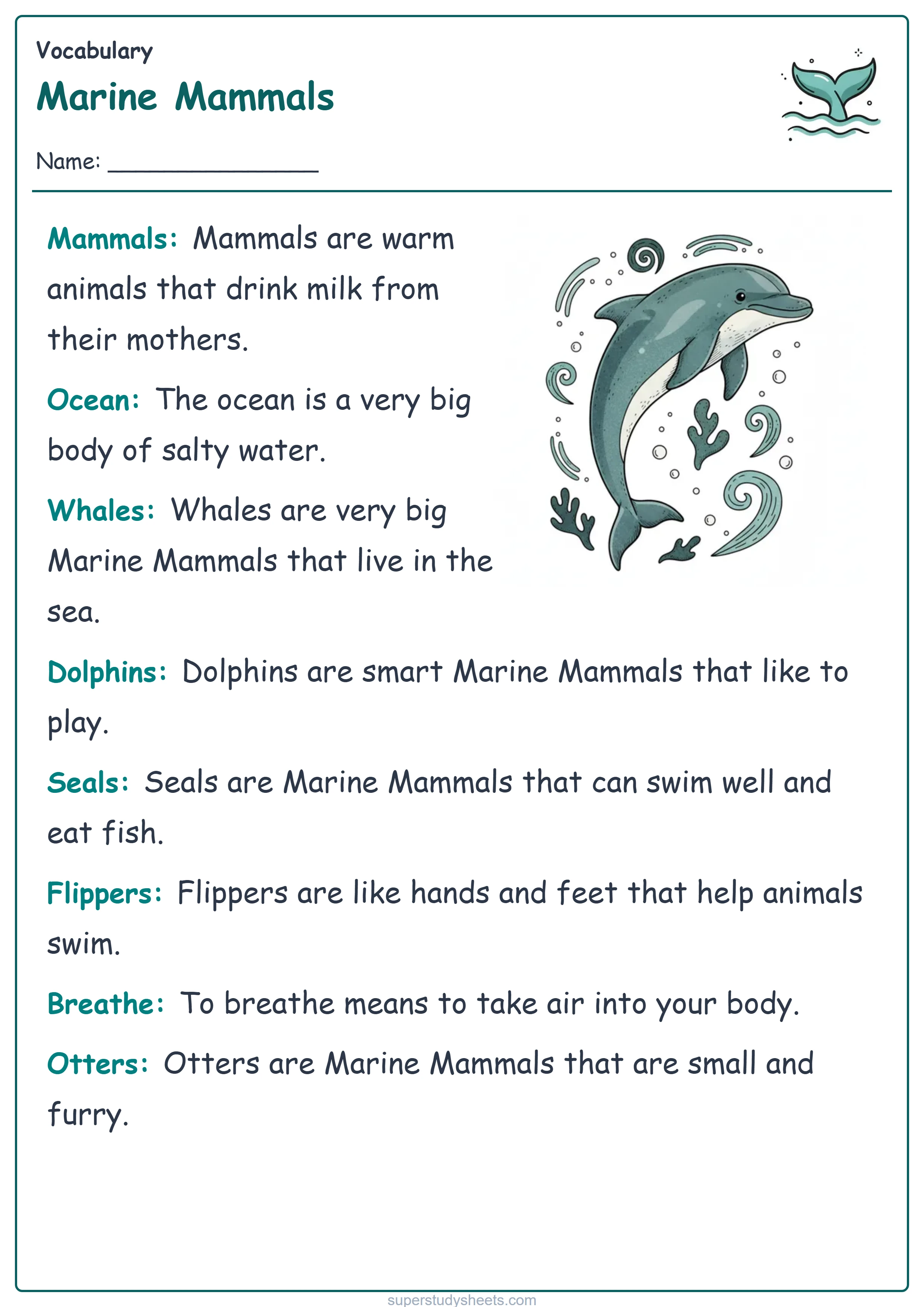 Printable Marine Mammals vocabulary worksheet – Start level