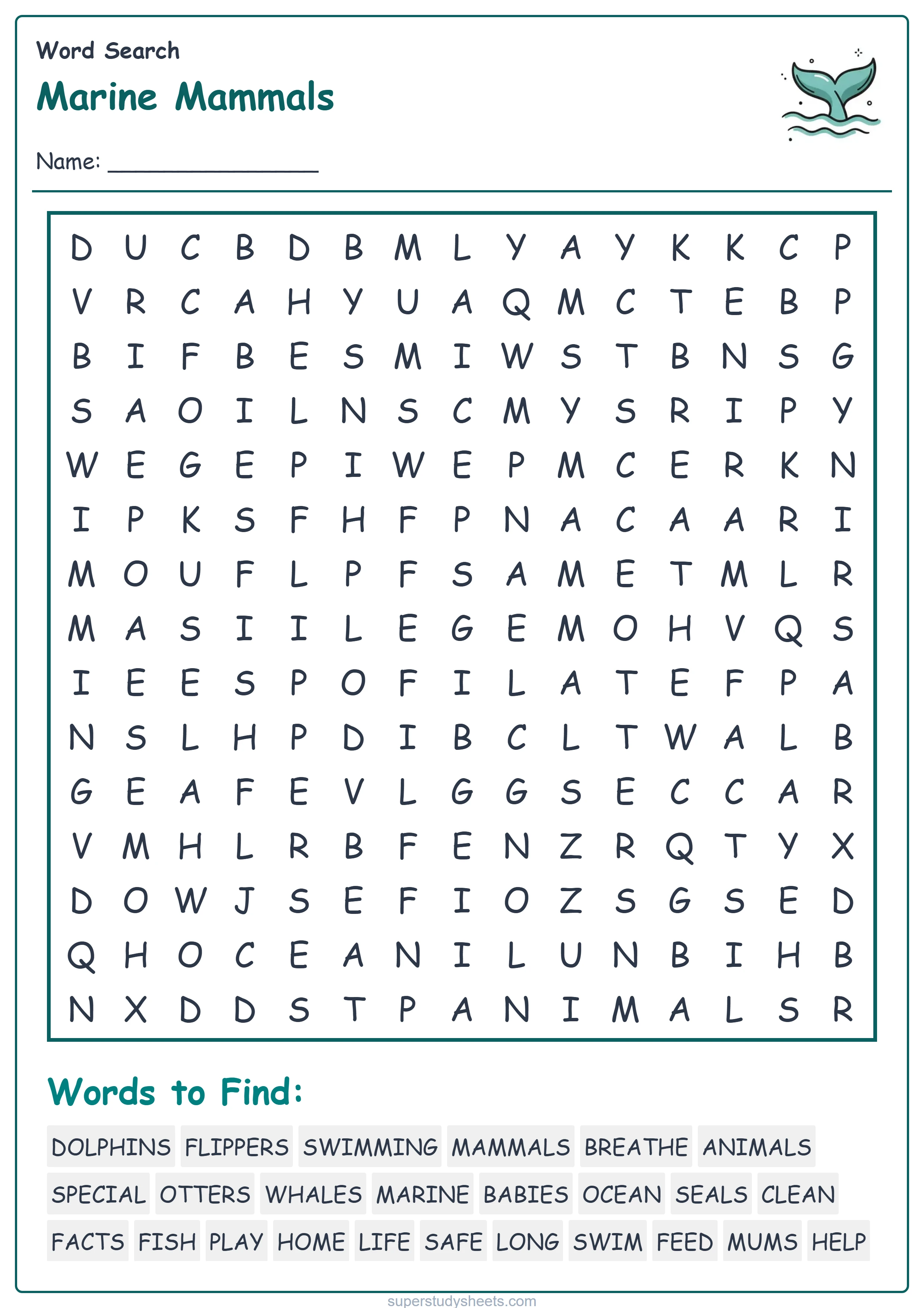 Printable Marine Mammals wordsearch worksheet – Start level